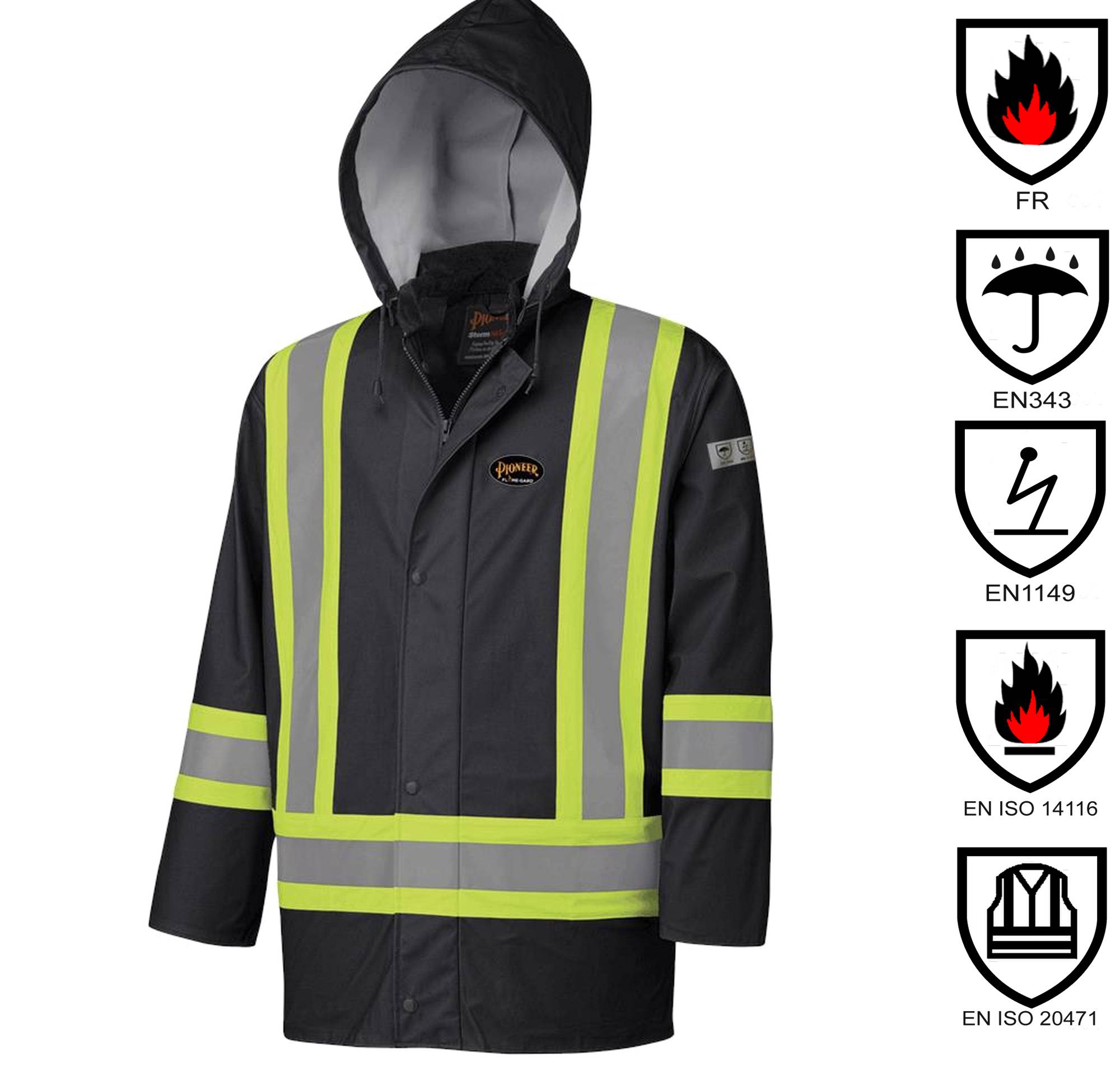 Black waterproof coat, Pioneer Flame-Gard mod. 5894BK,flame retardant