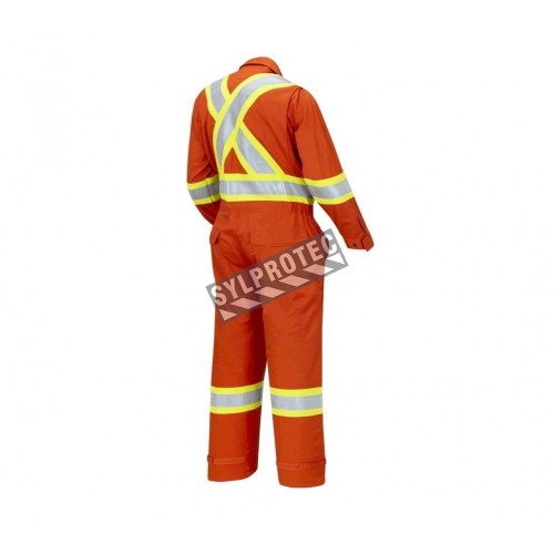 Women&#039;s 100% flame-resistant orange safety coverall, HRC 2, with high-visibility reflective stripes