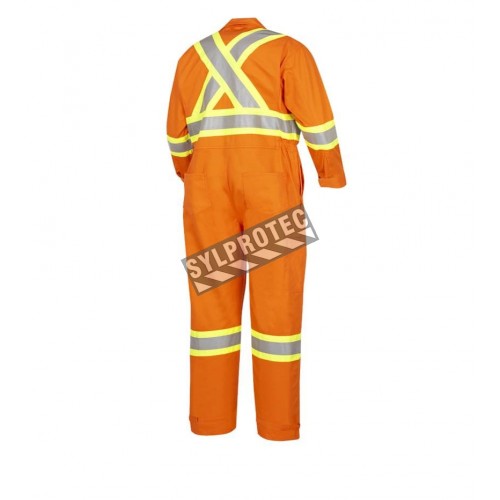 100% flame-resistant orange safety coverall, ARC 2, with high-visibility reflective stripes