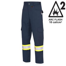 Pioneer FR-tech 7 oz, Arc 2 rated, Model 7764, navy blue flame-retardant cargo pants with high-visibility stripes, various sizes