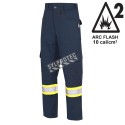 Pioneer FR-tech 7 oz, Arc 2 rated, Model 7764, navy blue flame-retardant cargo pants with high-visibility stripes, various sizes
