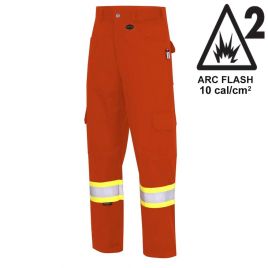 Pioneer FR-tech 7 oz, Arc 2 rated, Model 7765, orange flame-retardant cargo pants with high-visibility stripes, various sizes