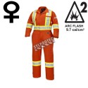 Women's 100% flame-resistant orange safety coverall, HRC 2, with high-visibility reflective stripes