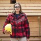 Women’s quilted polar fleece hooded in red and black plaid, often called a hunting shirt or lumberjack shirt, sold individually
