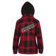 Women’s quilted polar fleece hooded in red and black plaid, often called a hunting shirt or lumberjack shirt, sold individually