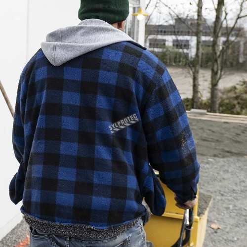 Men’s quilted polar fleece hooded in blue and black plaid, often called a hunting shirt or lumberjack shirt, sold individually