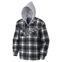 Men’s quilted polar fleece hooded in blue and gray plaid, often called a hunting shirt or lumberjack shirt, sold individually