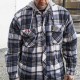 Men’s quilted polar fleece hooded in blue and gray plaid, often called a hunting shirt or lumberjack shirt, sold individually