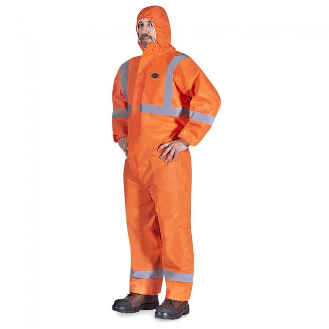 Pioneer 2077 disposable coverall, orange with hood and reflective tape, against dust and non-toxic particles