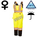 Women's 100% waterproof yellow-black polyester-polyurethane winter overalls with reflective stripes