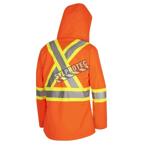 Manteau imperméable pour femme de couleur orange haute visibilité, Pioneer modèle 5626W, bande réfléchissante, grandeur XS à 4XL